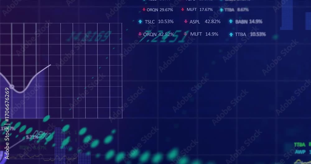 Aufkleber teal data stream moving diagonally across grid initiating fade, updating percentages showing trends