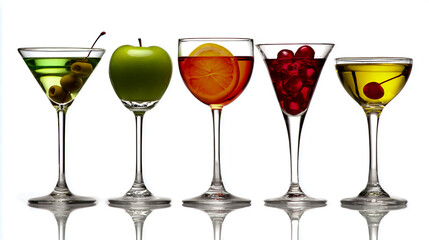 An array of five different cocktail glasses on each glass, isolated on a white background