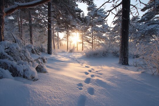 Winter forest dawn with snow covered pines fox tracks winding through the powder pale sun beginning to rise Include soft shadows cold textures and a sense of wonder