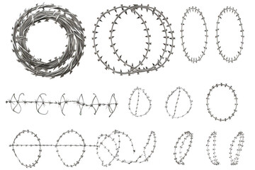 Collection of barbed wire designs isolated on white for graphic projects and design elements isolated on transparent background