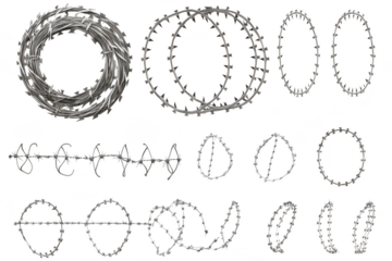 Collection of barbed wire designs isolated on white for graphic projects and design elements isolated on transparent background