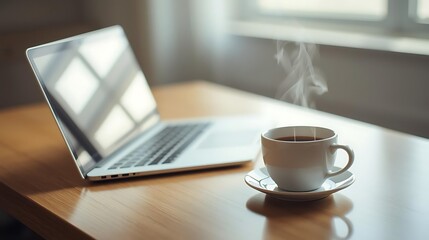 Clean workspace with closed laptop and coffee cup on wooden desk