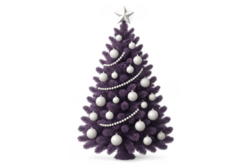 Purple christmas tree with white ornaments and star on transparent background