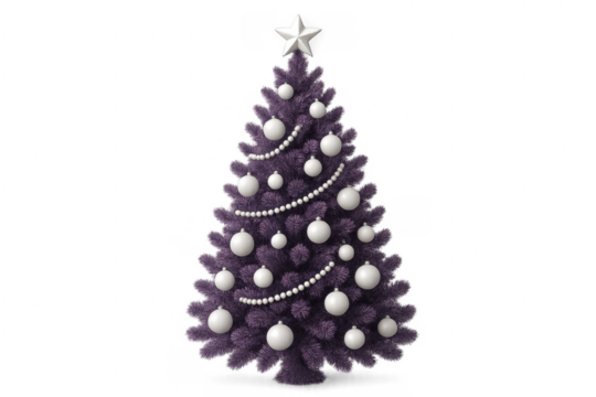 Purple christmas tree with white ornaments and star on transparent background