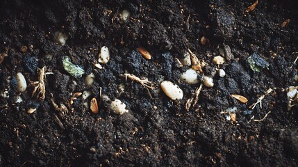 Fototapeta premium Top view soil texture with small roots and pebbles.