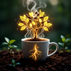 Steaming Mug Growing a Luminous Coffee Tree with Glowing Branches and Bean Fruit — Surreal Concept of Nature, Energy, and Fantasy Emerging from a Cup of Coffee