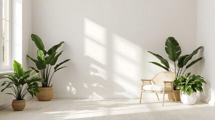 Minimalist living room with neutral tones, indoor plants and natural sunlight