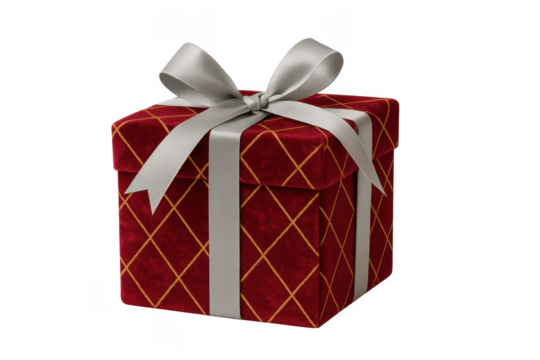 Red gift box with silver ribbon on transparent background