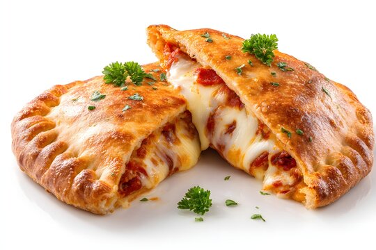 Whole calzone cut in half with melted cheese and tomato filling on white background.