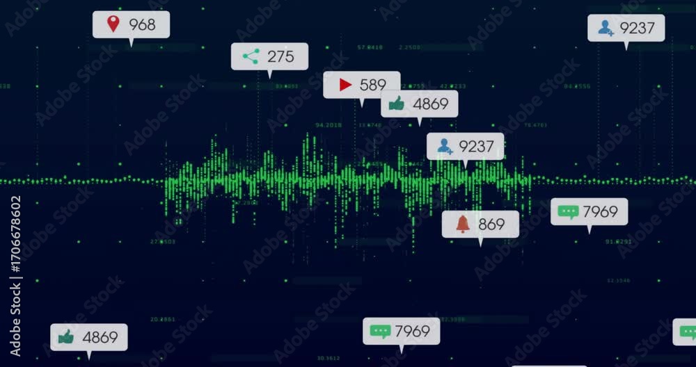 Fototapete digital waveform pulsing on dark grid as social icons emerging, clustering, visualizing metrics