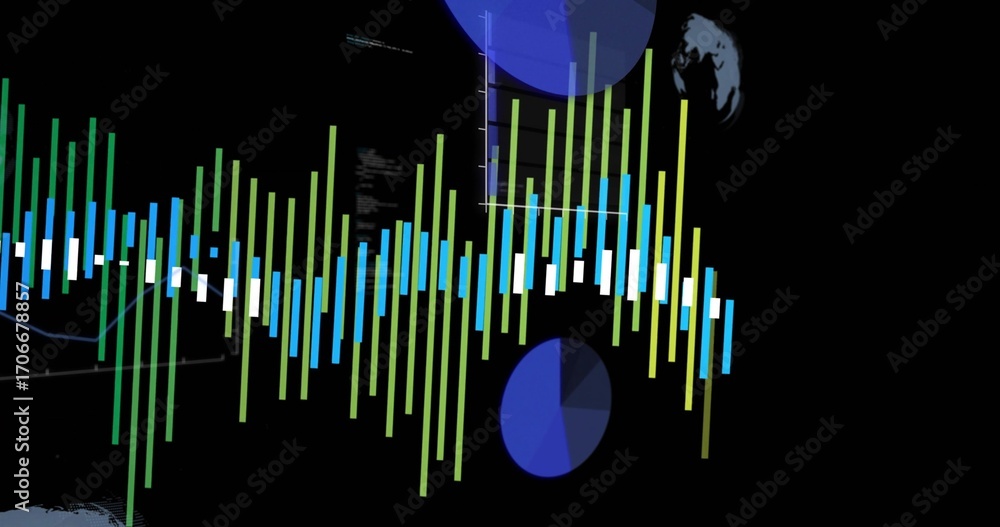 Poster displaying vertical bars on black interface, overlaying pie charts, globe icons and grid lines