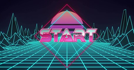 Showing bold pink START lettering hovering over virtual wireframe grid, with pastel sun and diamond