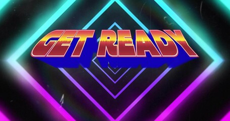 Displaying bold 3D GET READY text in retro digital tunnel, with neon diamond outlines
