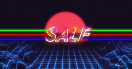 SALE letters glowing over wireframe grid in digital landscape, with neon sun disk and colored lines