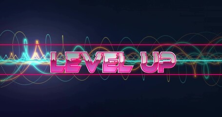 Showing stylized neon text reading LEVEL UP over arcade backdrop with colorful waves, magenta bars