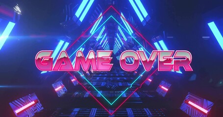 Glowing diamond neon frame enclosing pink GAME OVER text in neon-lit tunnel, with floating cubes