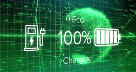 Displaying eco-charging interface glowing on holographic grid, with station icon and battery symbol