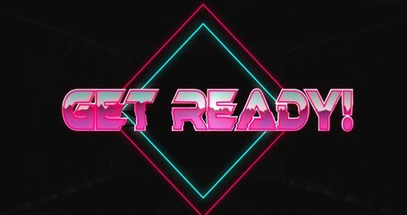 Glowing neon diamond frame emitting pink and teal glow against black void, with glitch GET READY!