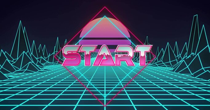 Naklejki Showing bold pink START lettering hovering over virtual wireframe grid, with pastel sun and diamond