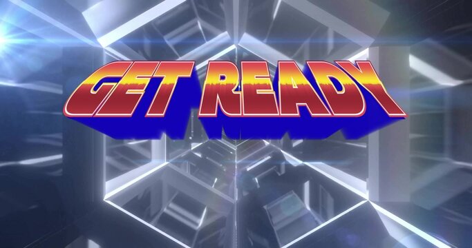 Floating 3D GET READY text glowing amid metallic beams in virtual corridor, with neon light strips