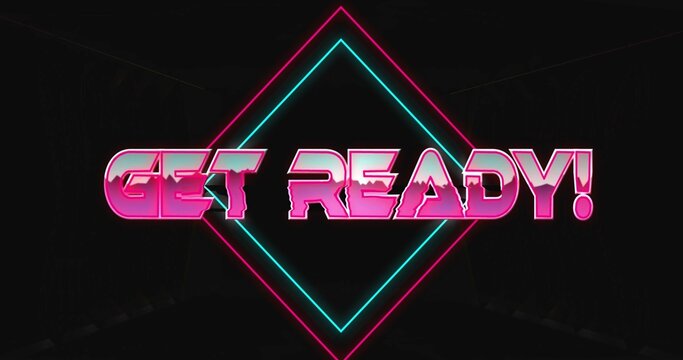 Glowing neon diamond frame emitting pink and teal glow against black void, with glitch GET READY!