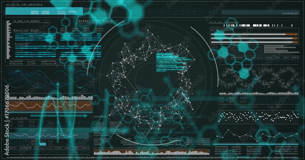 Poster displaying central node network on analytics dashboard, with teal hex patterns and bar charts