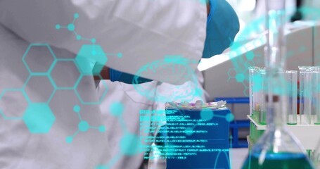 Handling technician's gloved hands pipetting samples into rack at lab bench with digital overlay