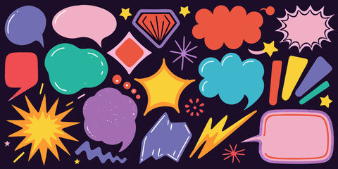 Collection of colorful hand drawn speech bubbles and comic elements on a dark background