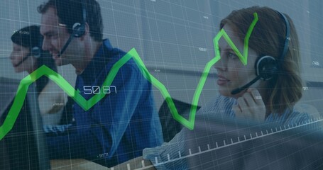 Speaking woman in shirt adjusting headset mic at call center, with green graph overlay, copy space
