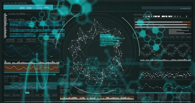 Displaying central node network on analytics dashboard, with teal hex patterns and bar charts