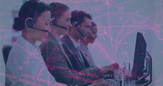 Typing call center agents wearing suits and headsets at office with data overlay