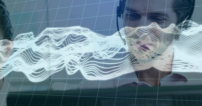 Monitoring man wearing headset analyzing monitor audio visualization in cubicle, waveform overlay - Powered by Adobe