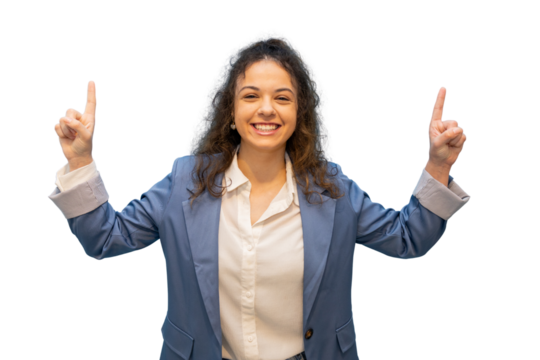 Young businesswoman smiling and pointing upwards with both index fingers, isolated on transparent background - Powered by Adobe