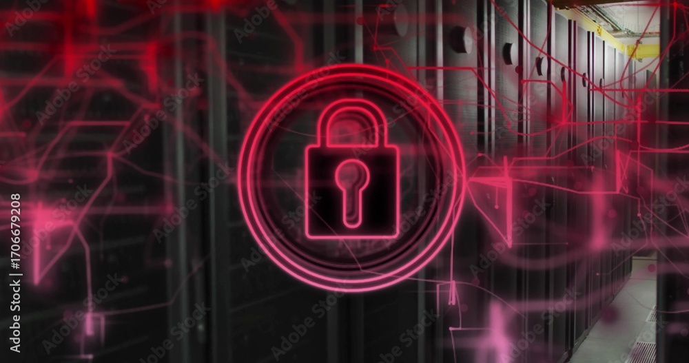 Poster hovering neon padlock icon marking data center corridor, lined with server racks and network cables