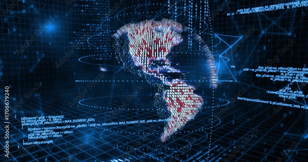 Poster floating holographic globe rotating above glowing grid with data points, streaming binary streams