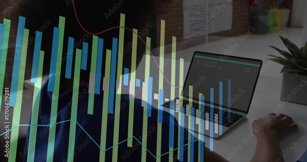 Leinwandbilder coding female developer analyzing metrics on laptop at office desk, with data visualization overlay