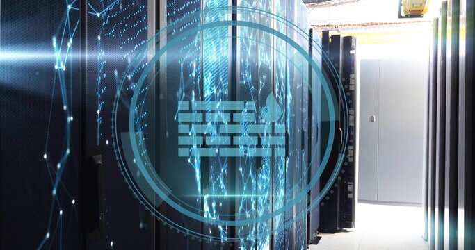 Showing server racks displaying network overlay in data center with switches, cables, floor panels