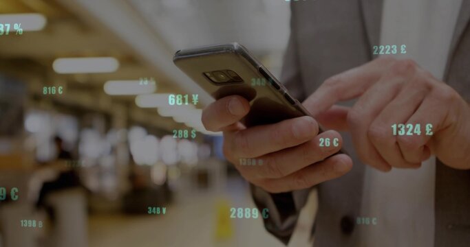 Tapping smartphone businessman in gray suit viewing floating currency values in lobby, copy space - Powered by Adobe