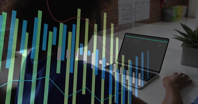Coding female developer analyzing metrics on laptop at office desk, with data visualization overlay - Powered by Adobe