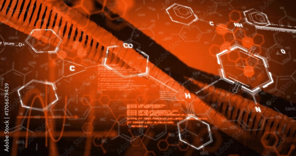 Poster displaying diagonal tubular structure across lab panel, with hexagonal rings labeled c h nh co