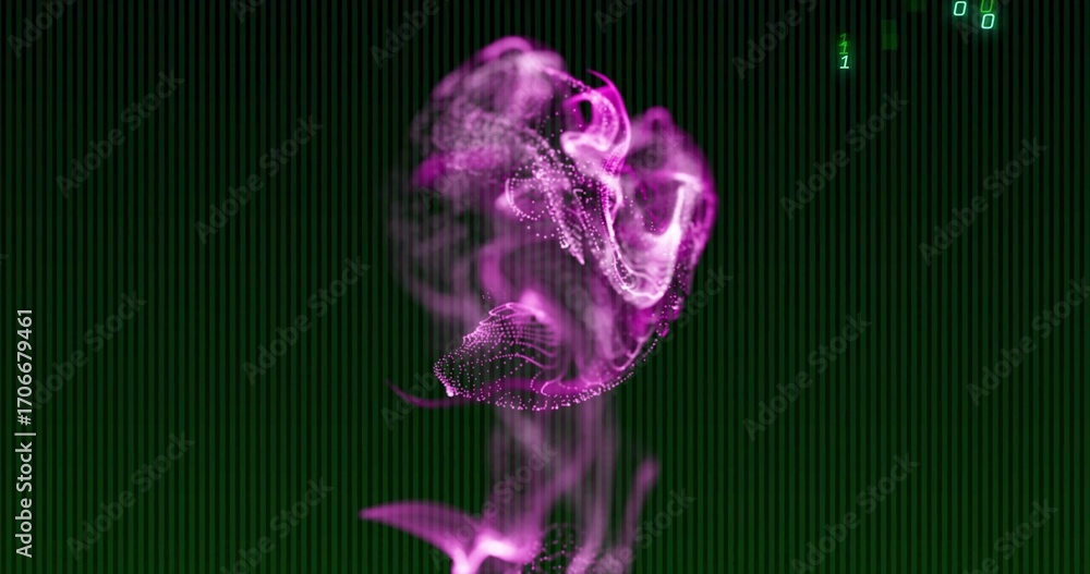 Aufkleber swirling purple particle cloud floating in data display, with dot matrix and binary digits