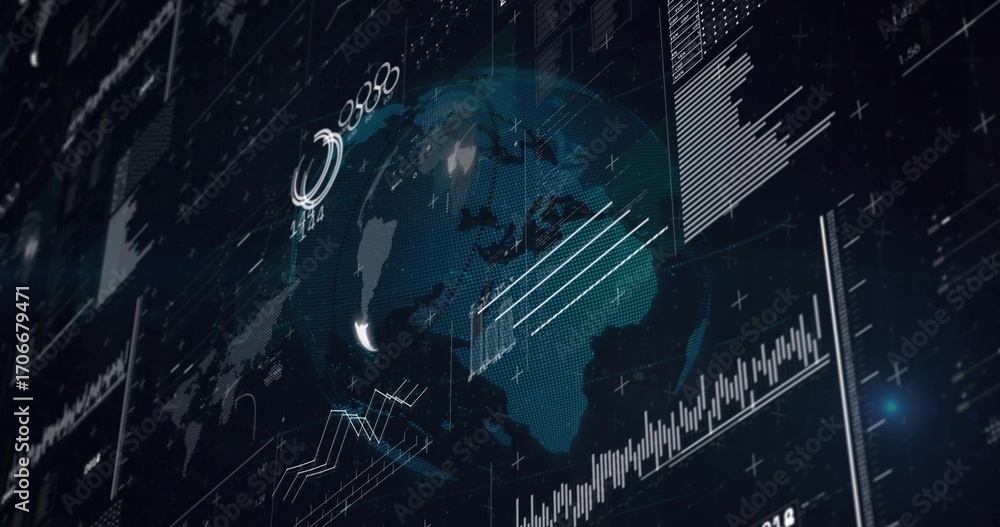 Leinwandbilder displaying rotating globe at center in data display overlaying line charts bar graphs and readouts