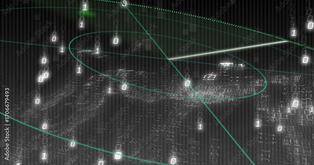 Aufkleber tracing neon green curves encircling 3d mesh in data space, with binary digits, white trajectories
