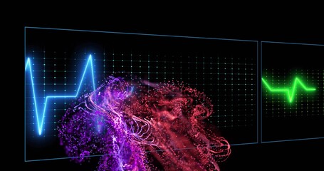 Displaying neon grid featuring blue and green ECG lines, swirling purple-red particles in dark void
