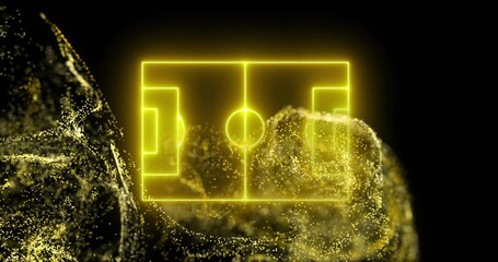 Floating neon yellow soccer field outline hovering in digital void, with swirling gold clouds