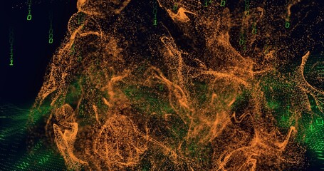 Swirling orange particle cloud forming in 3D data space, with green binary digits and mesh grid