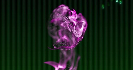 Swirling purple particle cloud floating in data display, with dot matrix and binary digits