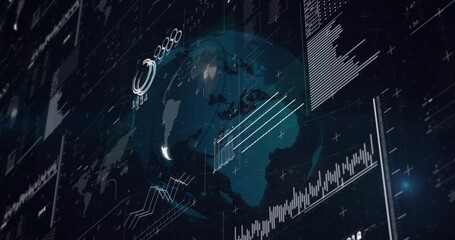 Displaying rotating globe at center in data display overlaying line charts bar graphs and readouts