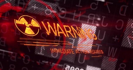 Displaying digital warning interface streaming code on high-tech monitor, with radioactive symbol