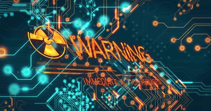 Displaying radioactive symbol, WARNING IMMEDIATE ACTION REQUIRED flashing on panel with neon traces